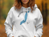 White hoodie with Redfish Lake, Idaho map and compass design.