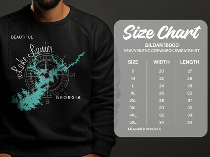 Lake Lanier Georgia graphic on black sweatshirt with size chart.