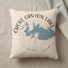 Pillow with Choke Canyon Lake map design and Texas text.