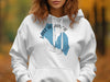 White hoodie with blue Lake Almanor map graphic, compass rose, and "CALIFORNIA".