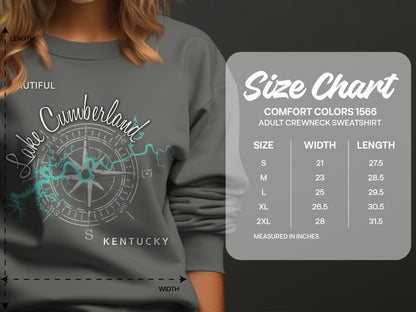 Adult crewneck sweatshirt size chart showing measurements for Comfort Colors 1566.