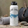 White water bottle with "Bear Lake" text, blue lake map, and compass design.