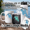 White mug, black tumbler, white bottle, and card personalized with Lake Kissimmee map.