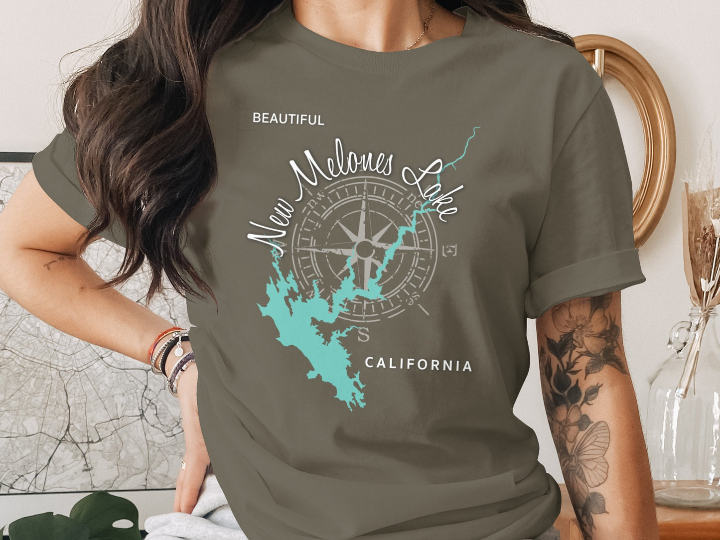 T-shirt with map of New Melones Lake, California and compass rose.