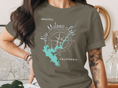T-shirt with map of New Melones Lake, California and compass rose.
