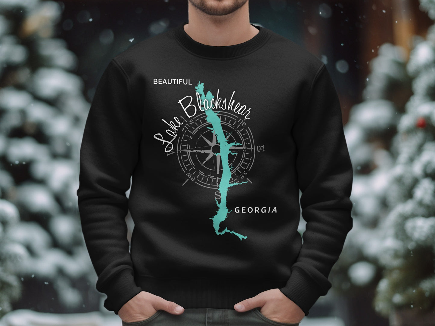 Black sweatshirt with Lake Blackshear Georgia map and compass design.