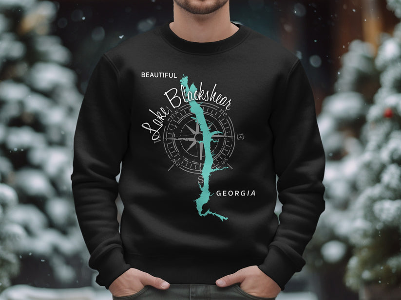 Black sweatshirt with Lake Blackshear Georgia map and compass design.