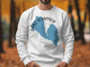 White crewneck sweatshirt with blue Lake Almanor map and "CALIFORNIA" text.