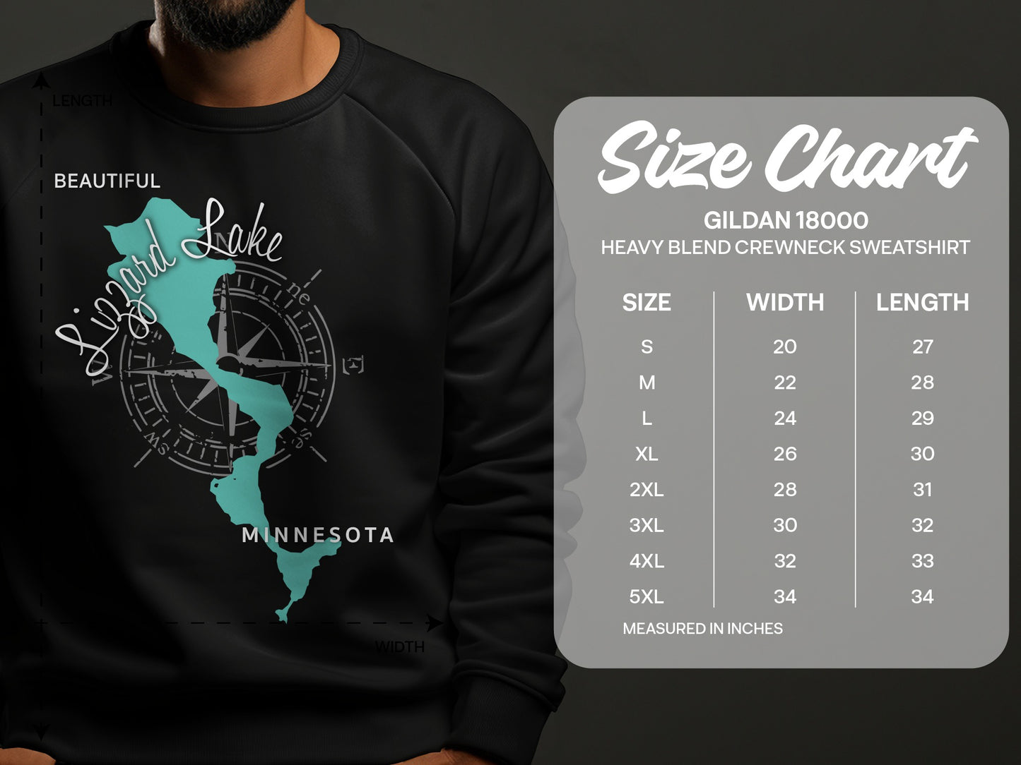 Sweatshirt with "Lizard Lake Minnesota" graphic and Gildan size chart.