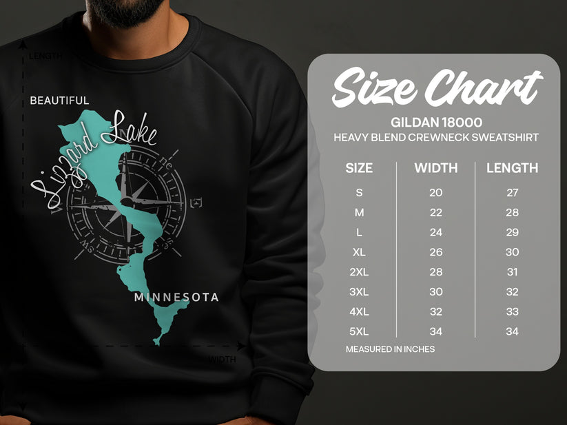 Sweatshirt with "Lizard Lake Minnesota" graphic and Gildan size chart.