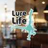 "Lure Life" sticker with a teal lake outline and copyrighted text.