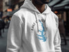 White hoodie with Lake Conroe, Texas map graphic and compass design.