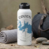 White water bottle with blue map design and "CANYON" text over a compass rose.