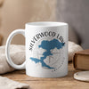 White mug with Silverwood Lake California map and compass design.