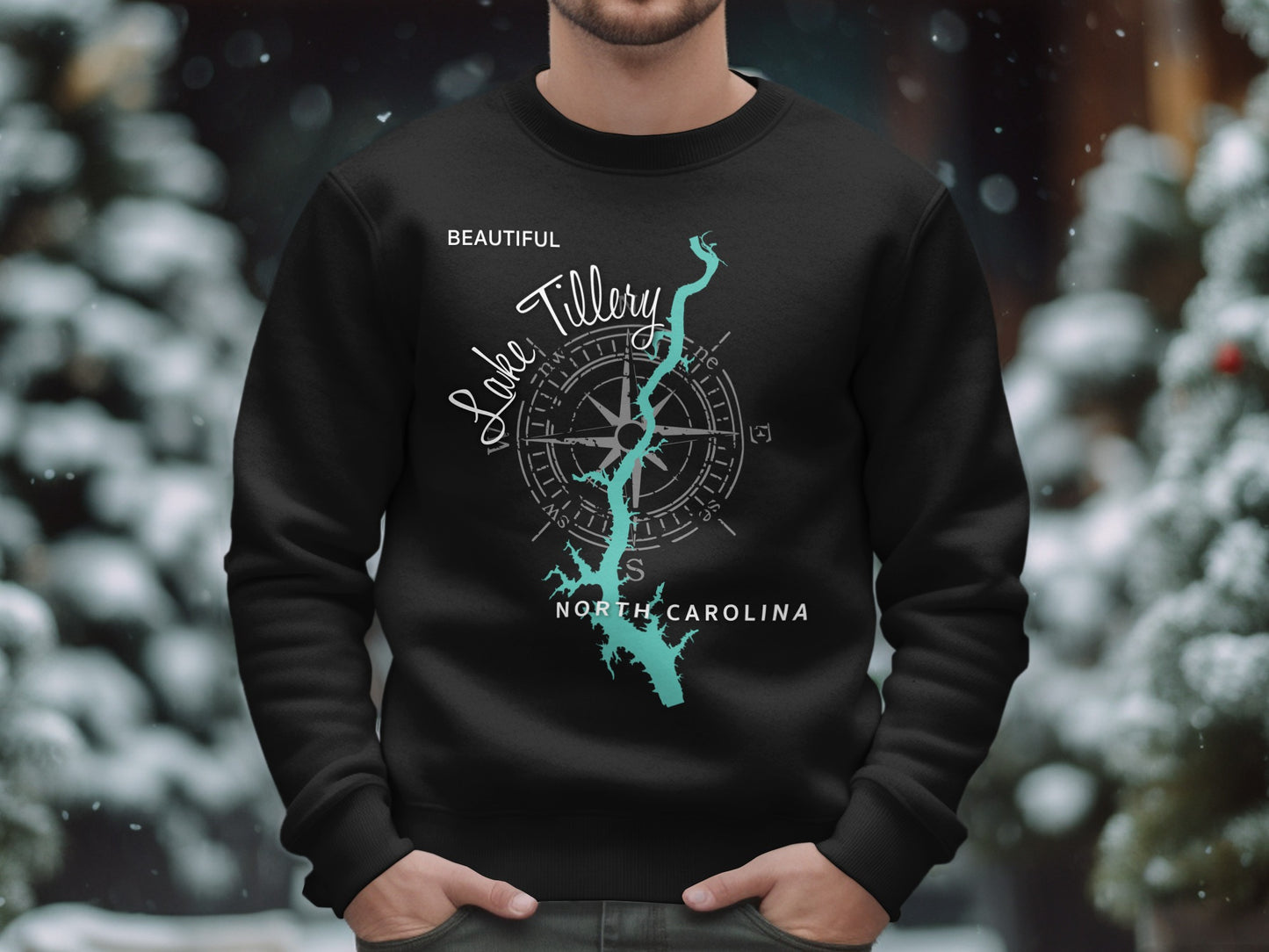 Black sweatshirt with a compass and "Beautiful Lake Tillery North Carolina" text.