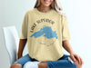 Yellow t-shirt with "Lake Superior Minnesota" text and blue map outline on compass graphic.