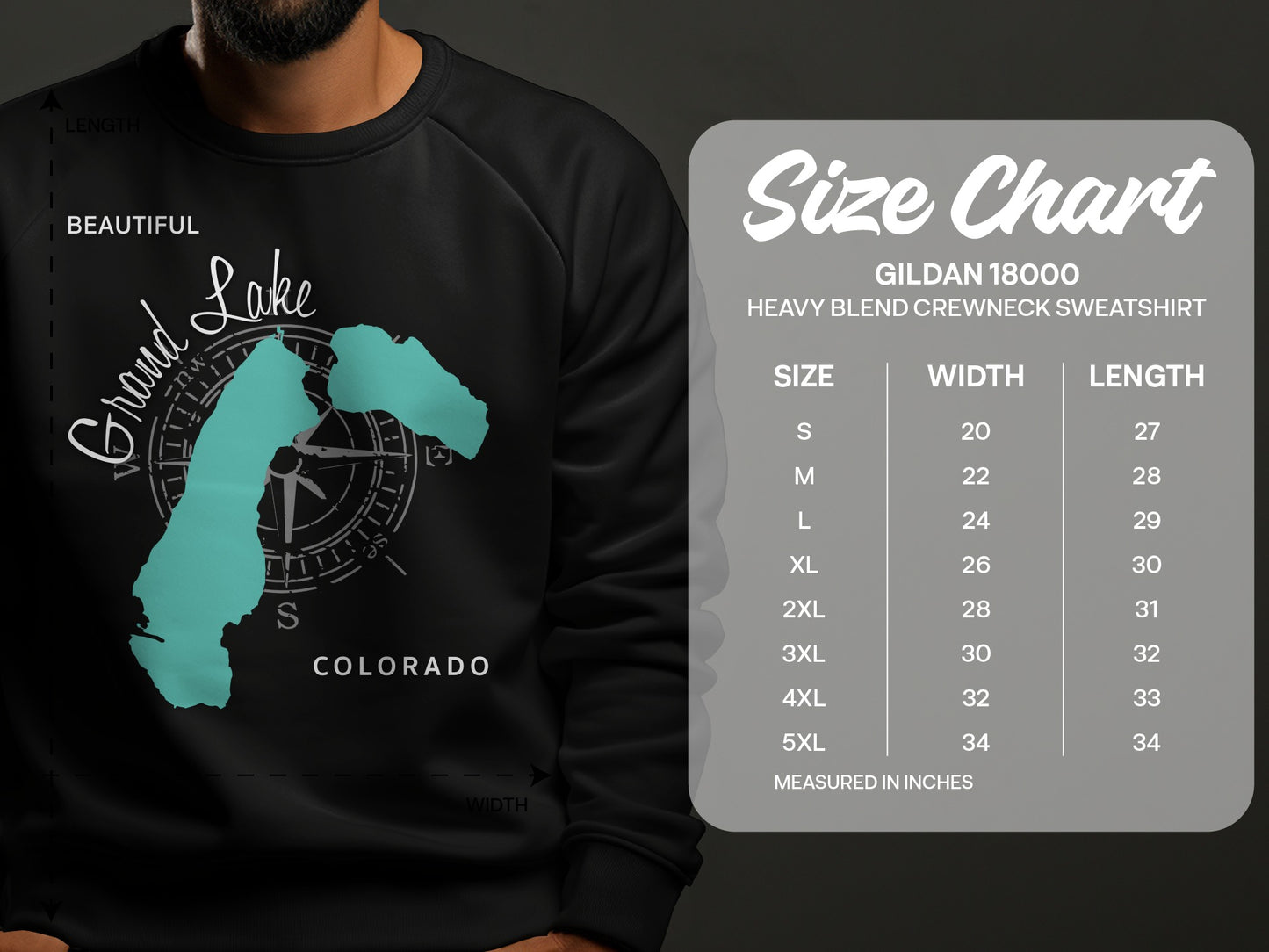 Grand Lake Colorado sweatshirt with size chart on right.