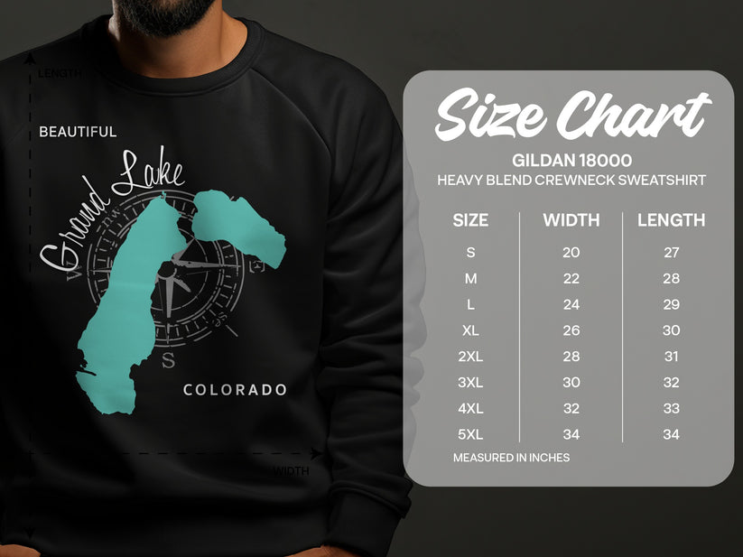 Grand Lake Colorado sweatshirt with size chart on right.