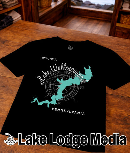 Black t-shirt with "Lake Wallenpaupack Pennsylvania" text and a compass rose graphic.