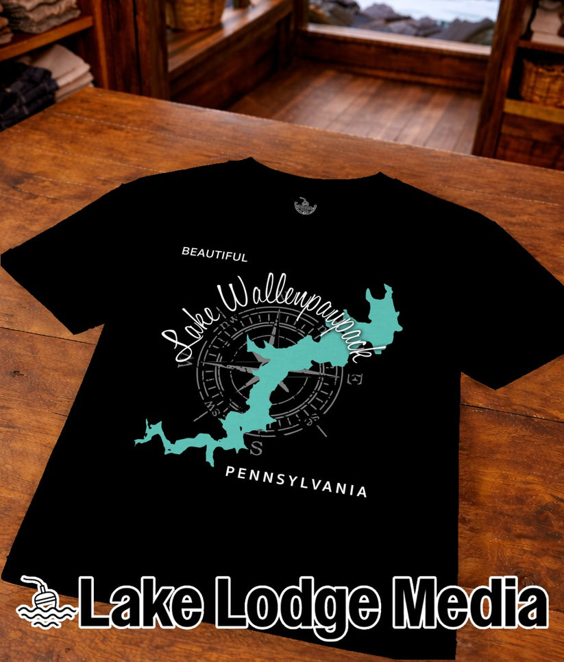 Black t-shirt with "Lake Wallenpaupack Pennsylvania" text and a compass rose graphic.