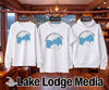 Three white t-shirts: sweatshirt, short sleeve, and hoodie, each with a blue Diamond Valley Lake map.