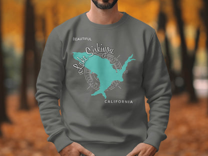 Gray sweatshirt featuring a teal map outline of Lake Siskiyou, California.