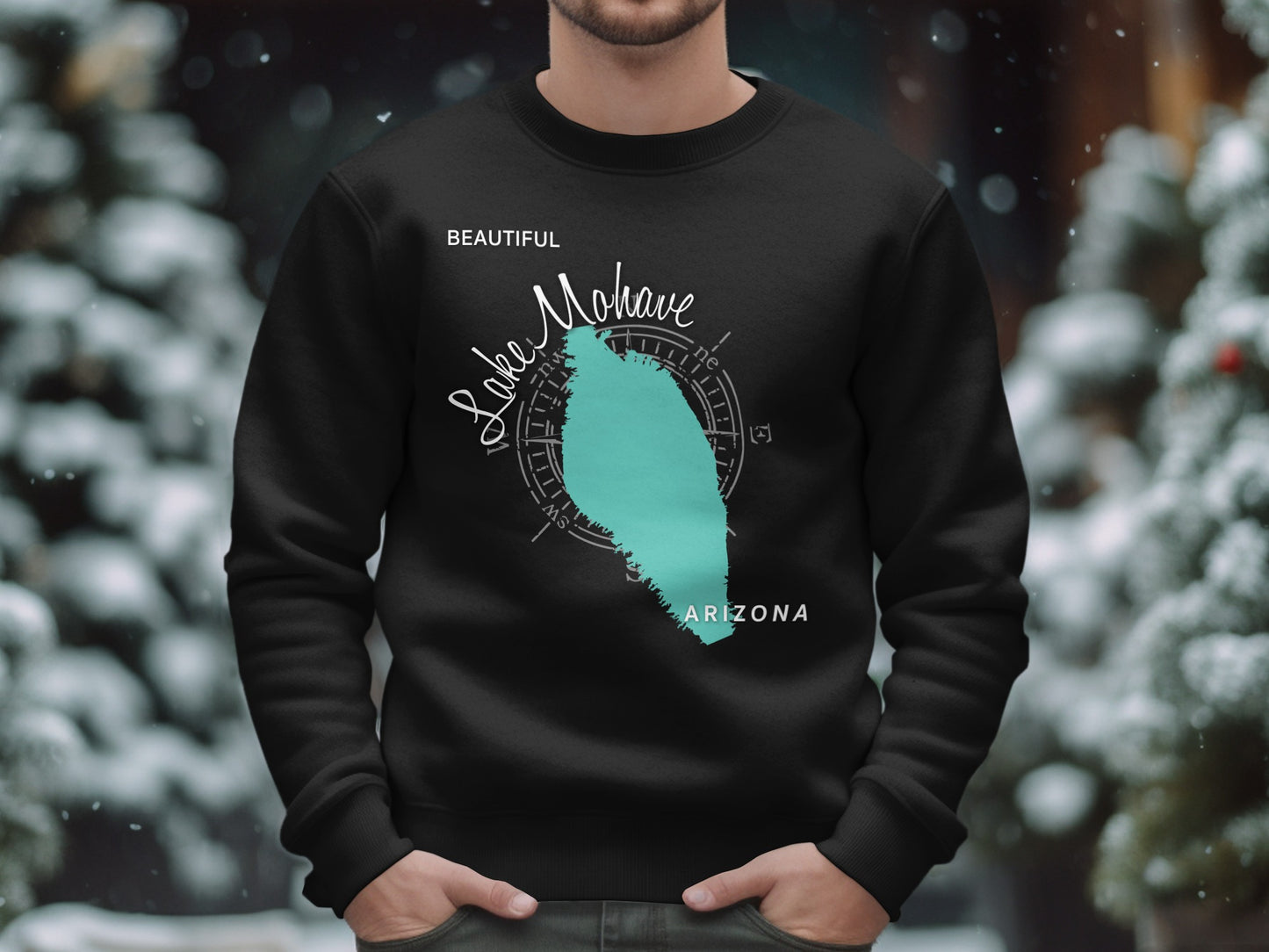 Black sweatshirt with "Beautiful Lake Mohave Arizona" map graphic.