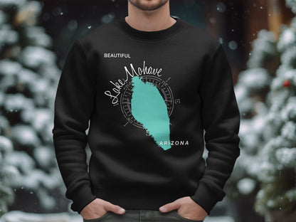 Black sweatshirt with "Beautiful Lake Mohave Arizona" map graphic.