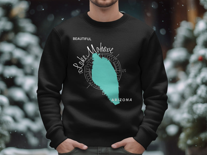 Black sweatshirt with "Beautiful Lake Mohave Arizona" map graphic.