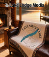 Woven throw blanket with Greenwood Lake New Jersey map and compass graphic.