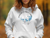 White hoodie with a blue map of Wright Pitman Lake, Texas graphic.