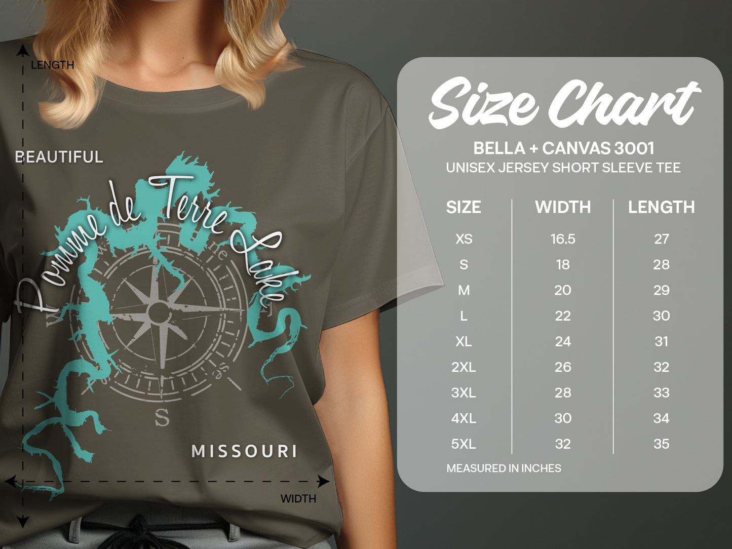 T-shirt size chart with compass design and Pomme de Terre Lake Missouri graphic.
