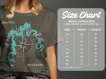 T-shirt size chart with compass design and Pomme de Terre Lake Missouri graphic.
