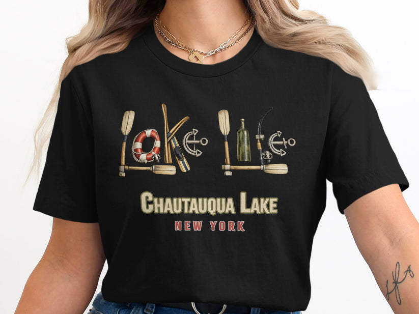 Chautauqua Lake New York graphic on a black t-shirt with nautical icons.