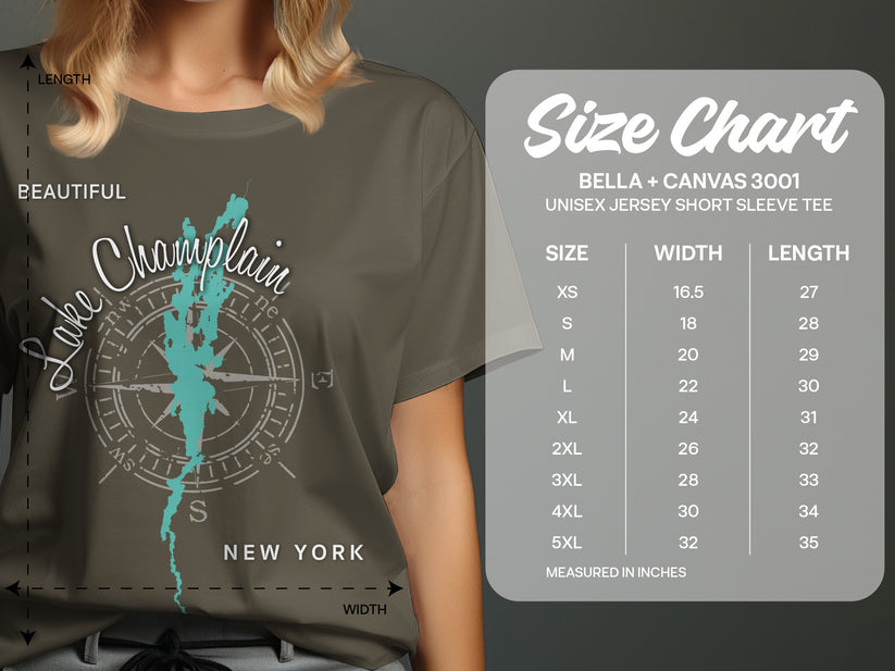 T-shirt with Lake Champlain graphic and size chart for Bella + Canvas 3001 tee.