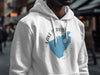 White hoodie with a blue graphic of Lake Perris, California and compass rose.