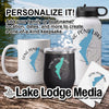 White mug, black tumbler, and white water bottle featuring a compass and lake outline logo.