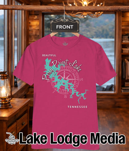 Pink t-shirt with "Beautiful Percy Priest Lake Tennessee" and compass design.