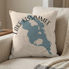 Light linen pillow with blue Lake Kissimmee Florida map and compass rose design.