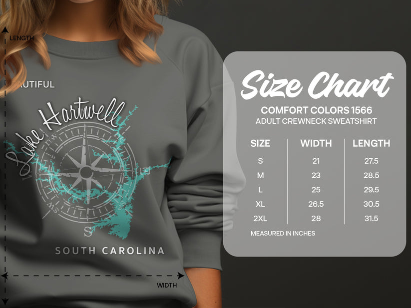 Size chart for Comfort Colors 1566 adult crewneck sweatshirt.