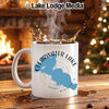 White mug with "Clearwater Lake Minnesota" graphic, steaming coffee splash.