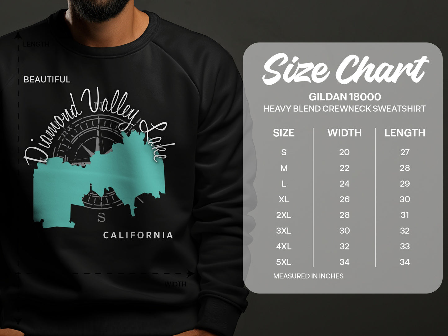 Size chart for Gildan 18000 heavy blend sweatshirt, with measurements.