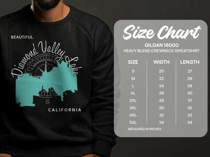 Size chart for Gildan 18000 heavy blend sweatshirt, with measurements.