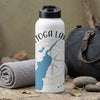 White water bottle with blue Saratoga Lake map and compass graphic, "NEW YORK" text.