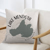 Pillow with Lake Mendota map graphic and Wisconsin text on chair.