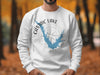 White sweatshirt with Castaic Lake map and compass graphic and California text.