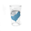 Clear glass pint glass with blue Lake Mascuppic map and text.