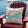 Diamond Valley Lake California map on a pillow on a red chair.