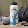 White water bottle with black lid and "ON LAKE" text over a blue lake map.