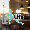 Pokegama Life sticker features a turquoise lake outline and black text.
